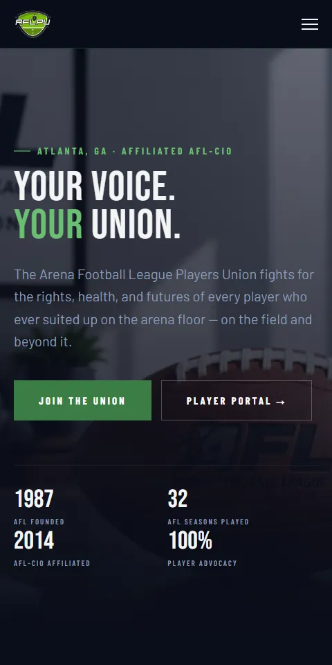 Arena Football Players Union website in gallery frame