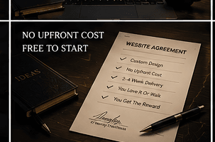A website agreement: custom design, no upfront cost, 2–4 week delivery, love it or walk