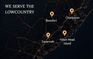 Map of the South Carolina and Georgia Lowcountry marking Beaufort, Savannah, Hilton Head, and Charleston