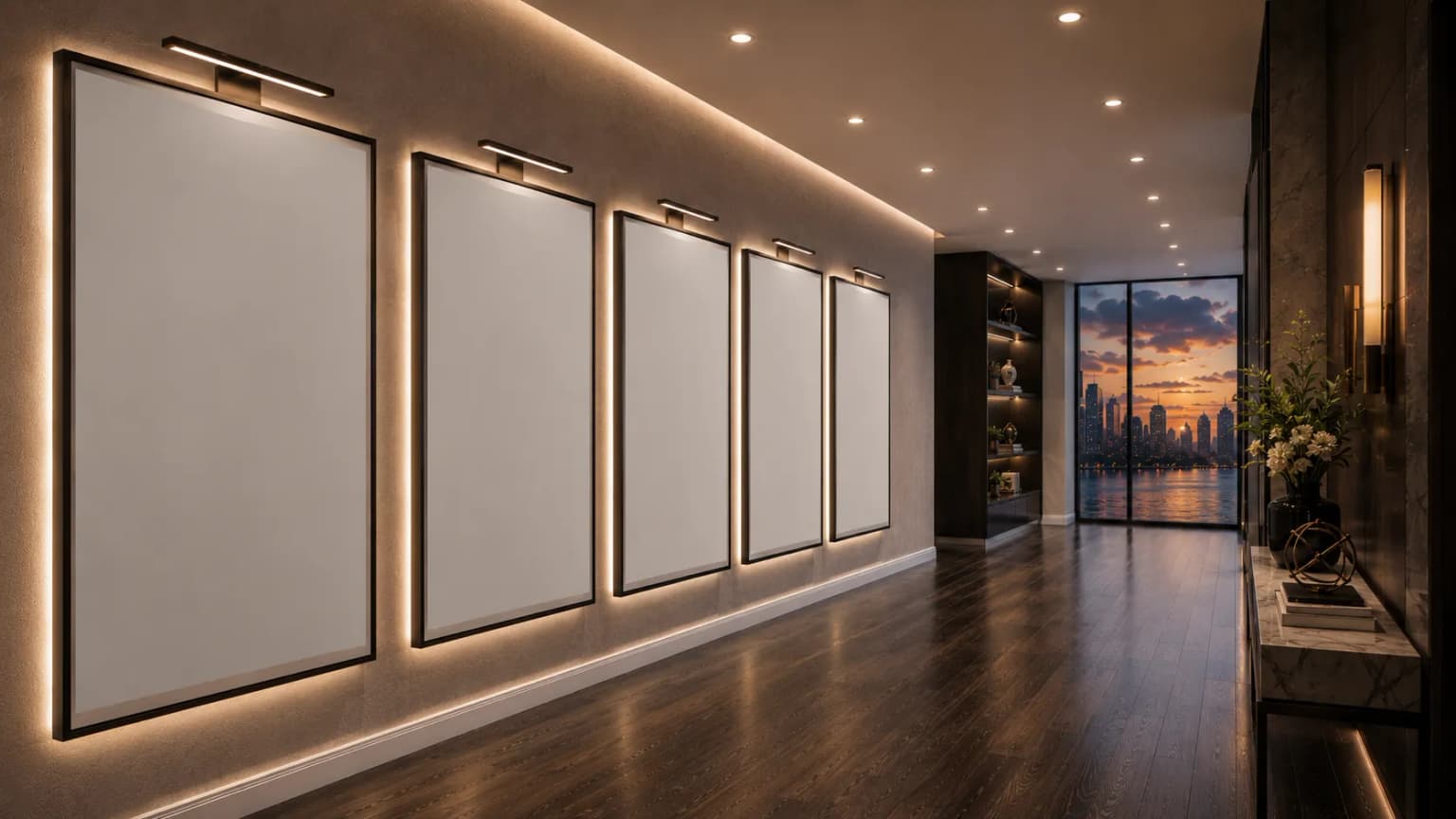 Gallery hallway with backlit frames