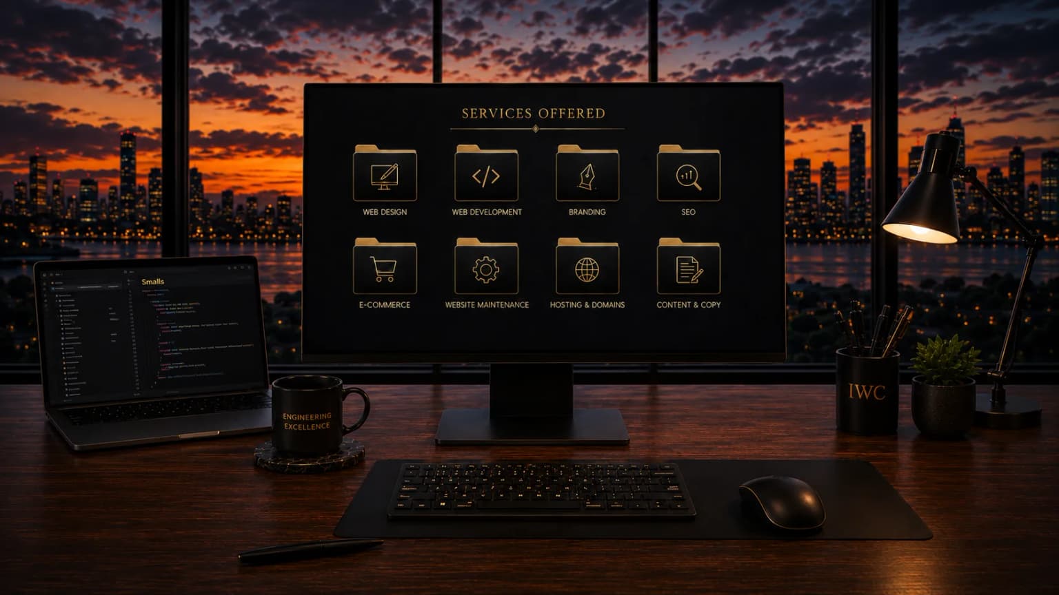 Monitor displaying the services offered by Integrity Web Creations